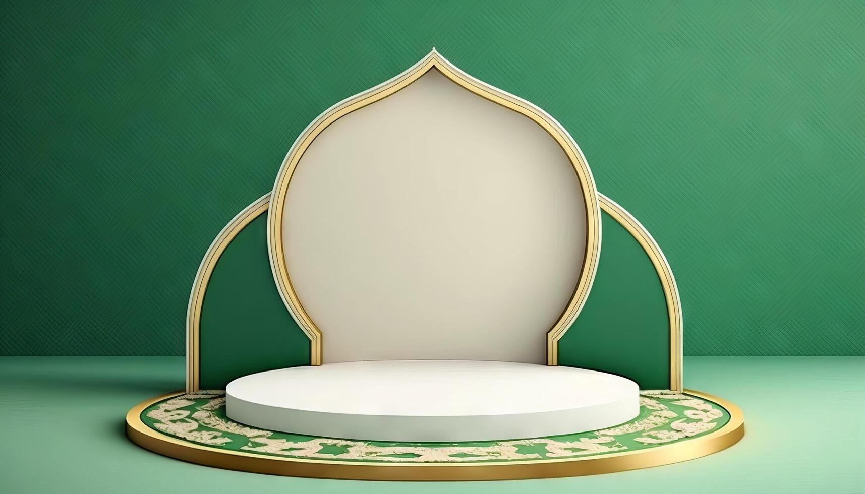 Green soft pastel podium ramadhan Background. islamic ornament on green Carpet Background. photo