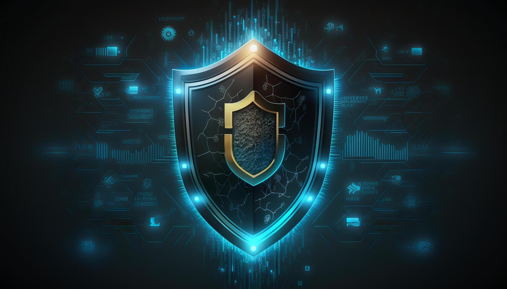 Abstract technology circuit board background with shield symbols concept of data protection and cyber privacy. photo