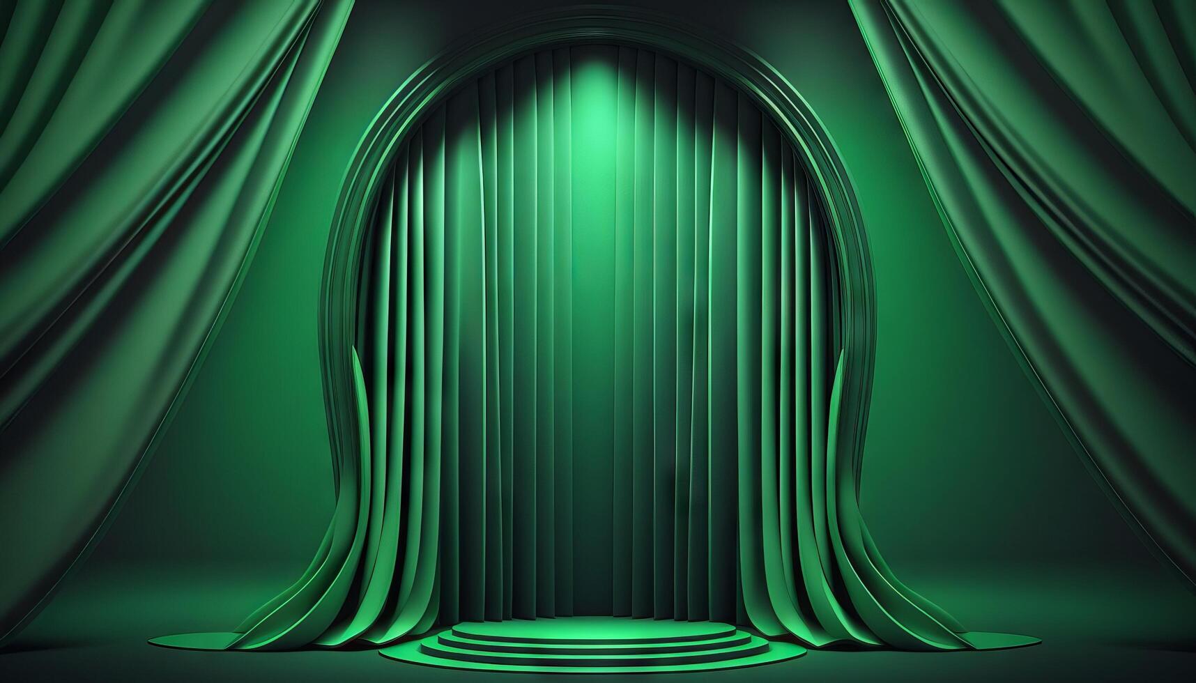 Green soft pastel Curtain Stage Award Background. Trophy on green Carpet pastel Background. photo