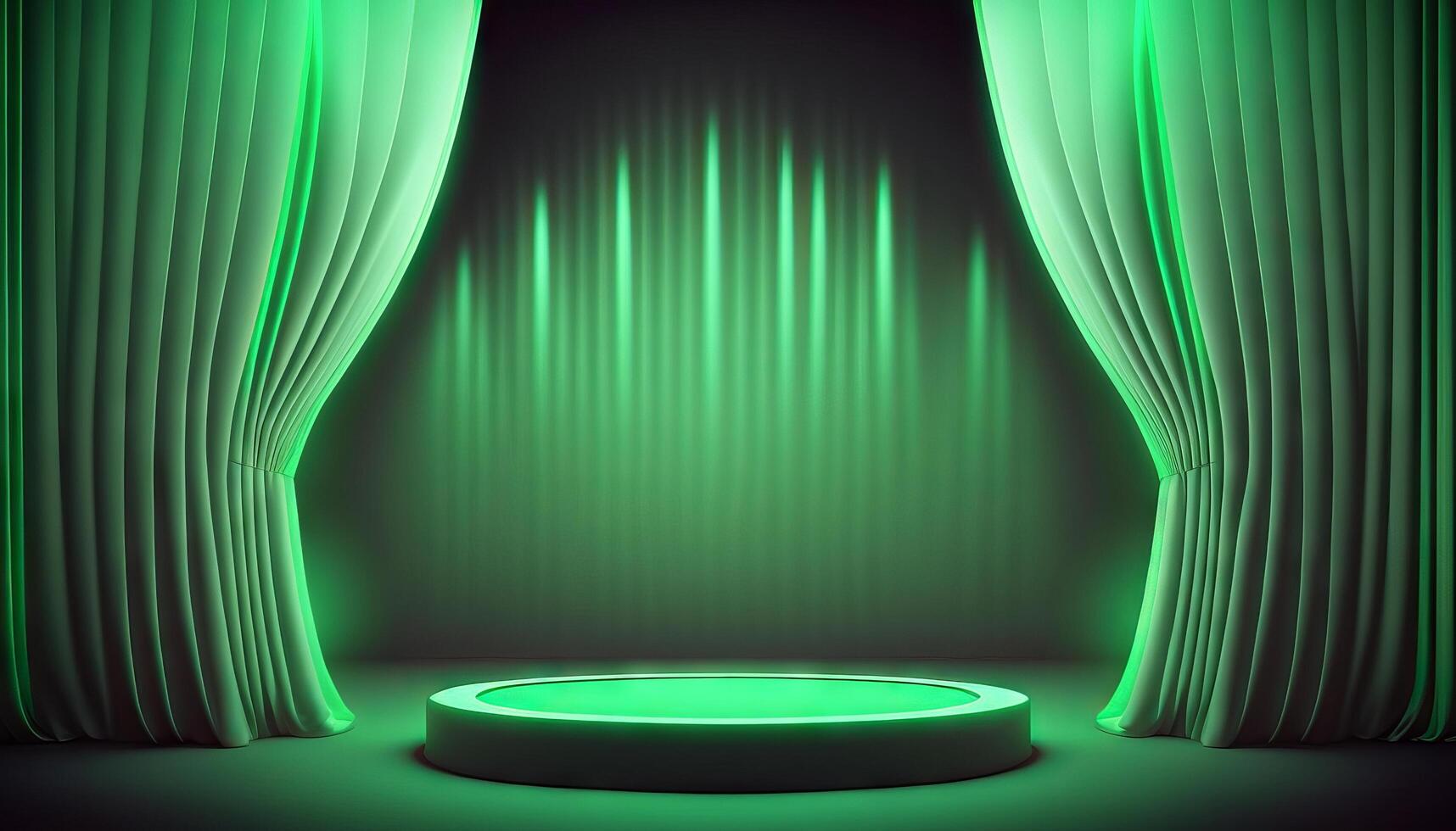 Green soft pastel Curtain Stage Award Background. Trophy on green Carpet pastel Background. photo