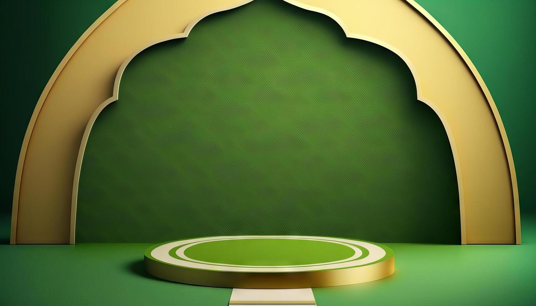 Green soft pastel podium ramadhan Background. islamic ornament on green Carpet Background. photo