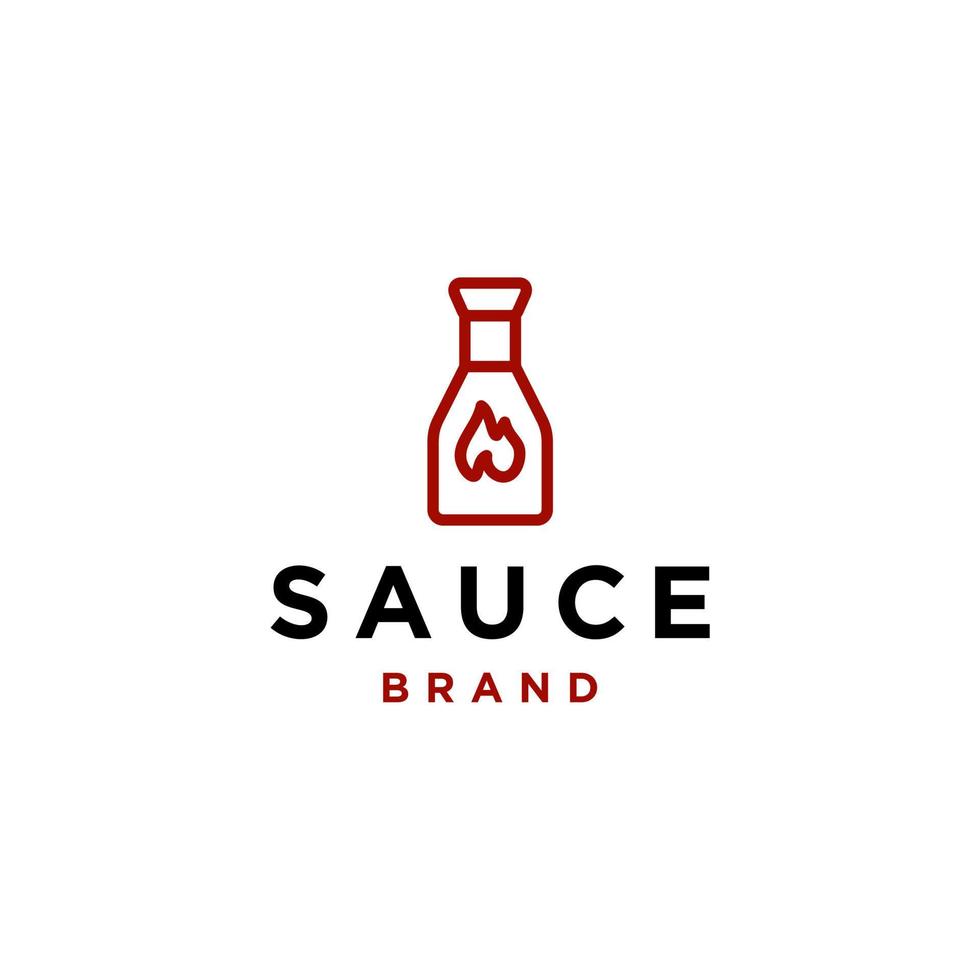 red hot bottle sauce logo in simple line style vector icon design, hot tomato ketchup with fire flame symbol