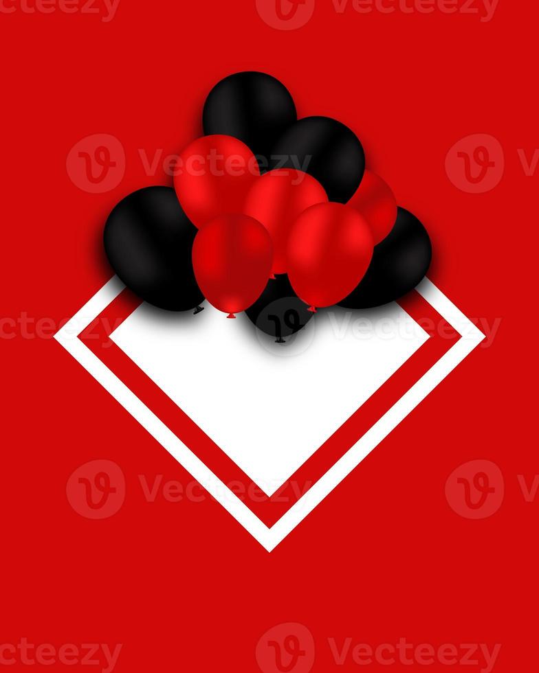 Beautiful red background with red and black balloons and white frame. Free space for your text. Ideal for a sale or gift card photo