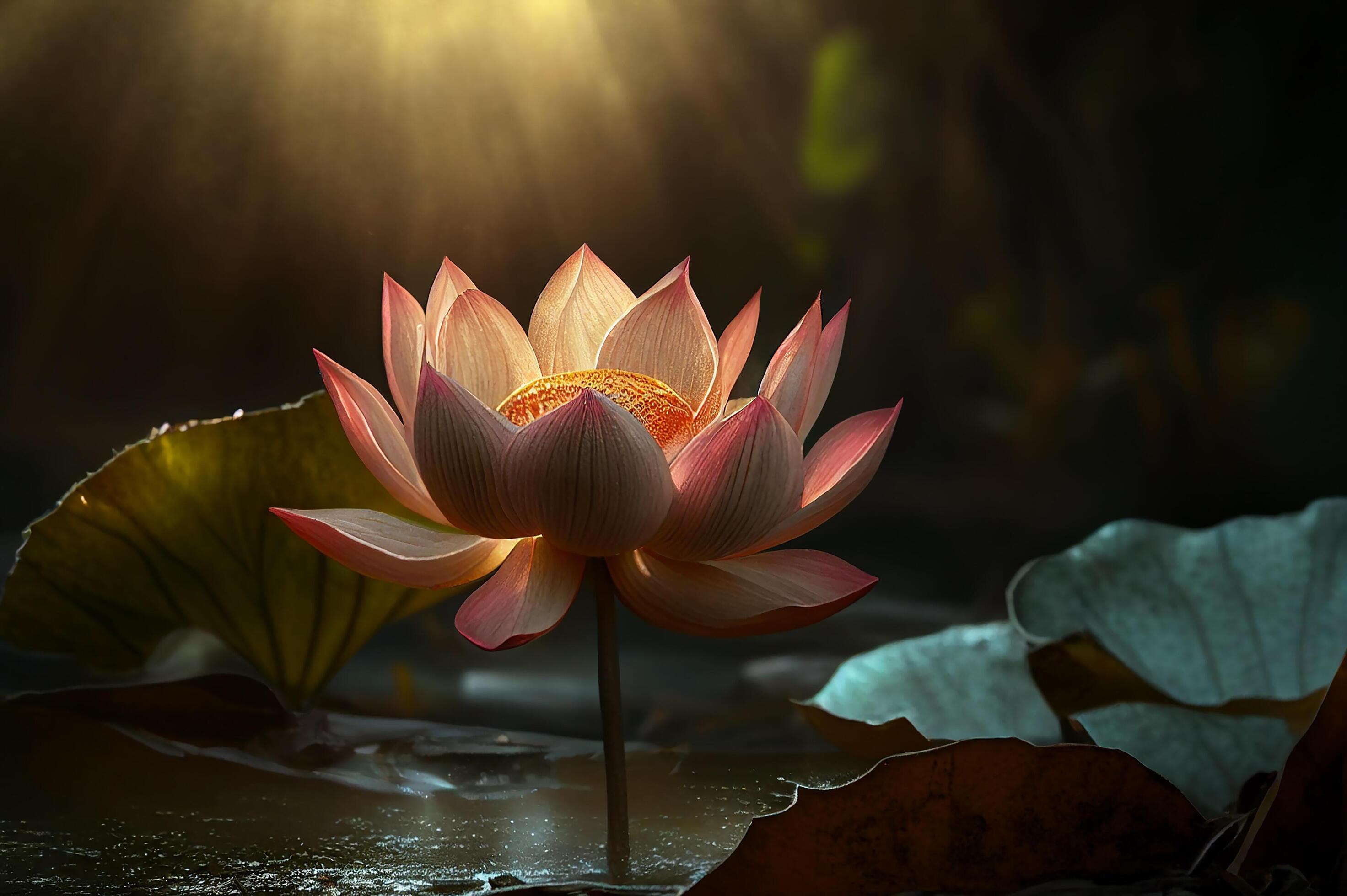 Beautiful lotus flower or water lily and leaves in a pond with sunlight
