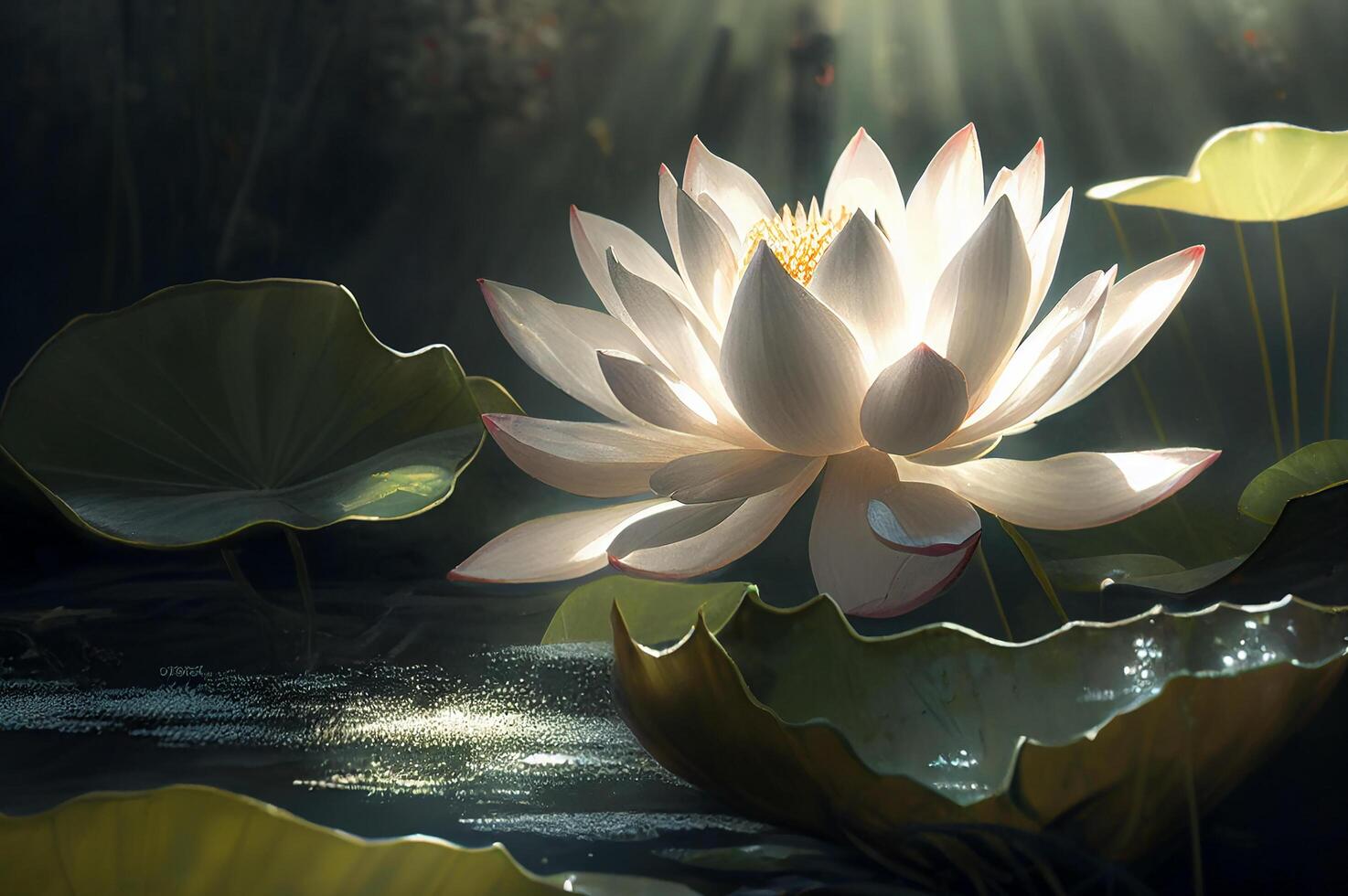 Beautiful lotus flower or water lily and leaves in a pond with sunlight