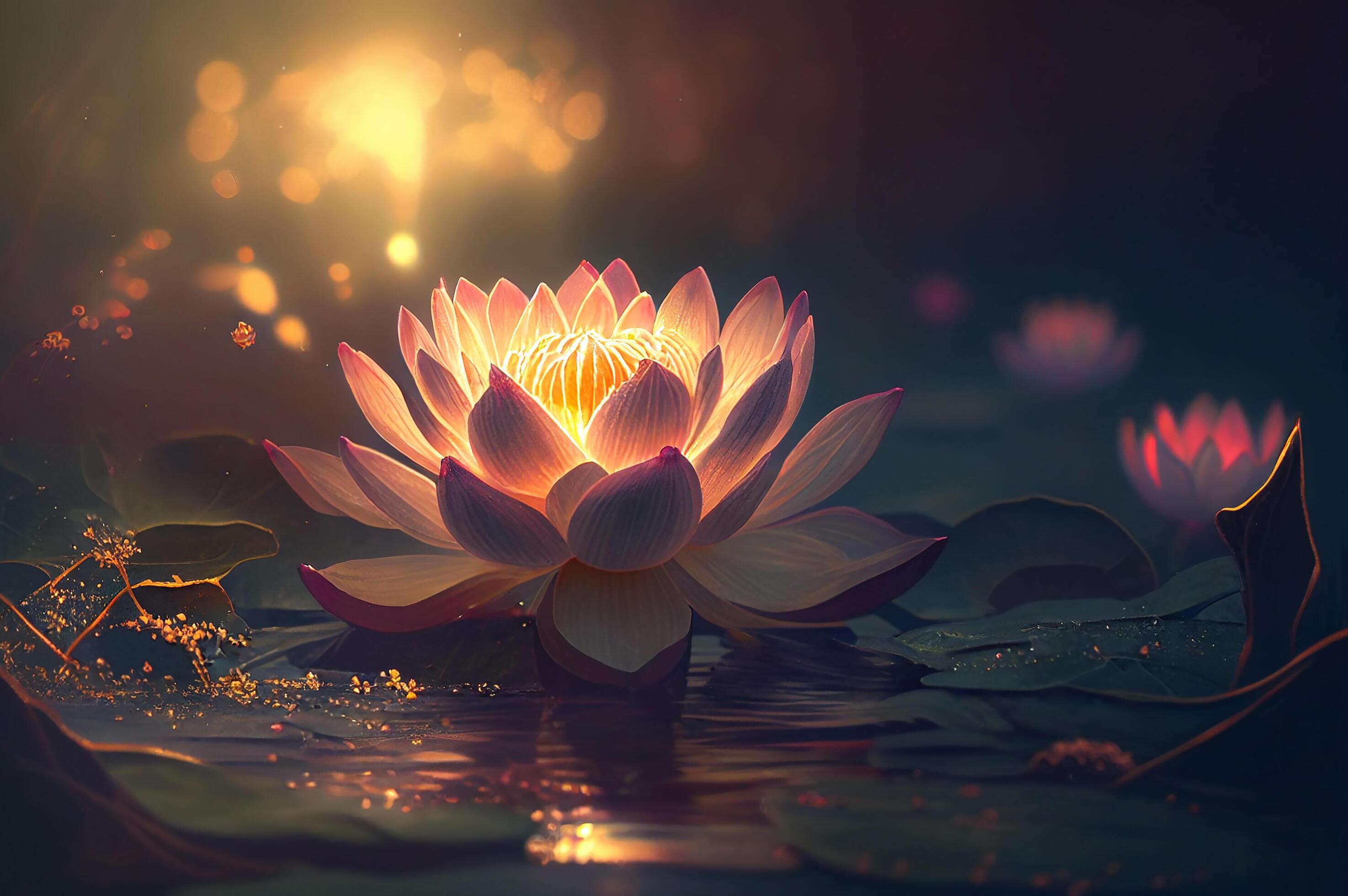 Beautiful lotus flower or water lily and leaves in a pond with sunlight