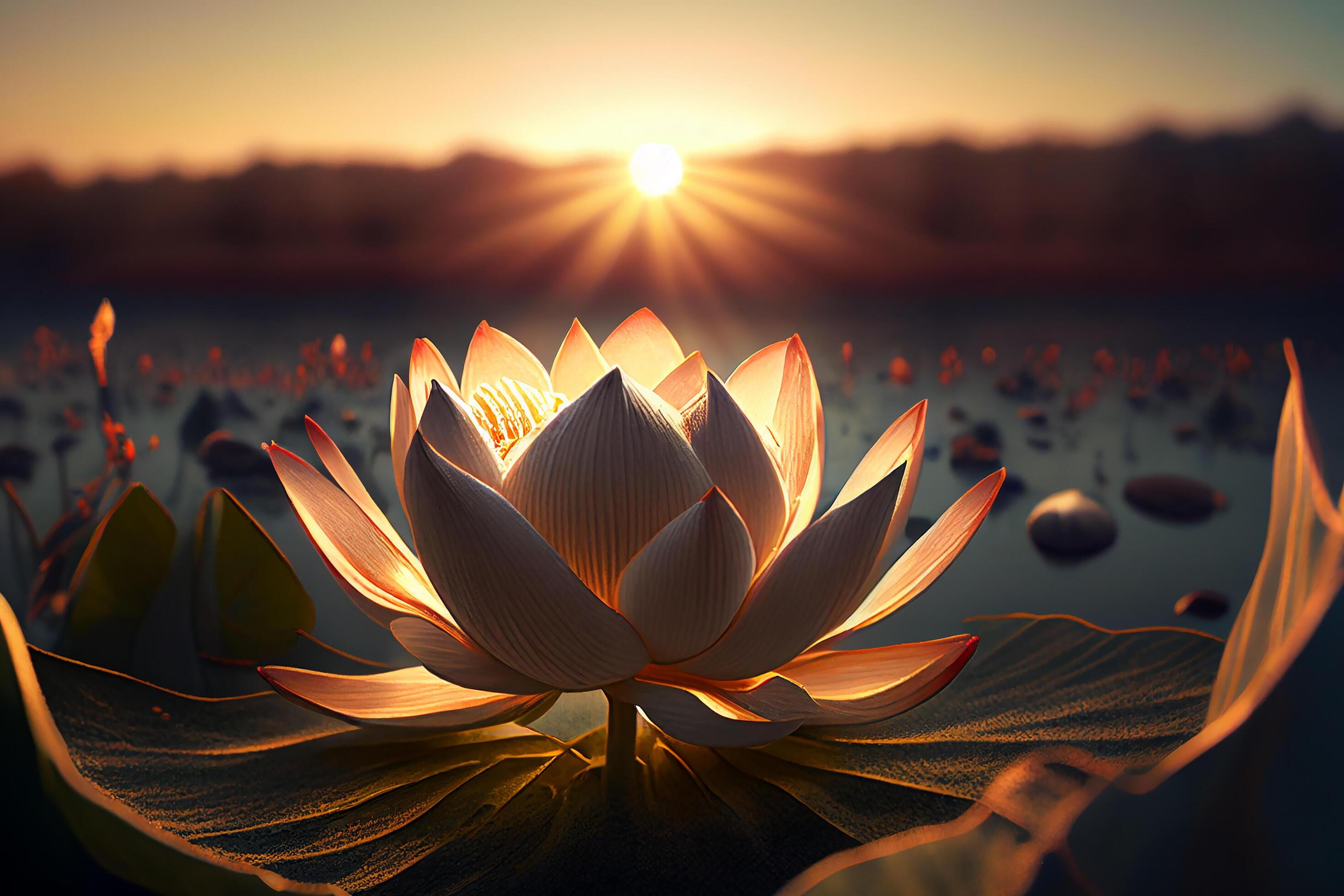 Beautiful lotus flower or water lily and leaves in a pond with sunlight