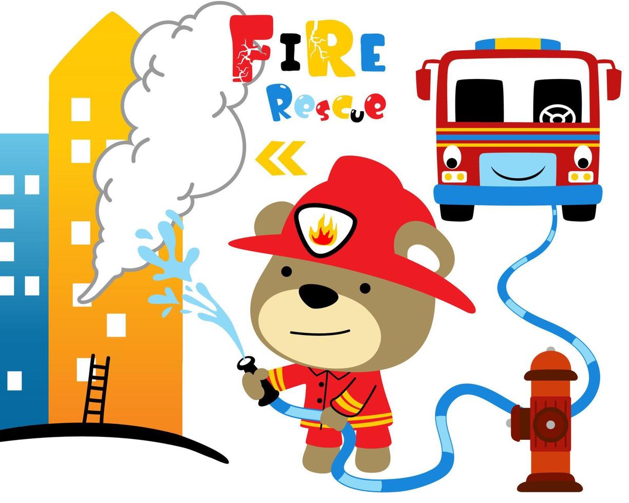 Vector illustration of cute bear in fireman uniform spray water into burning buildings, smiling fire truck