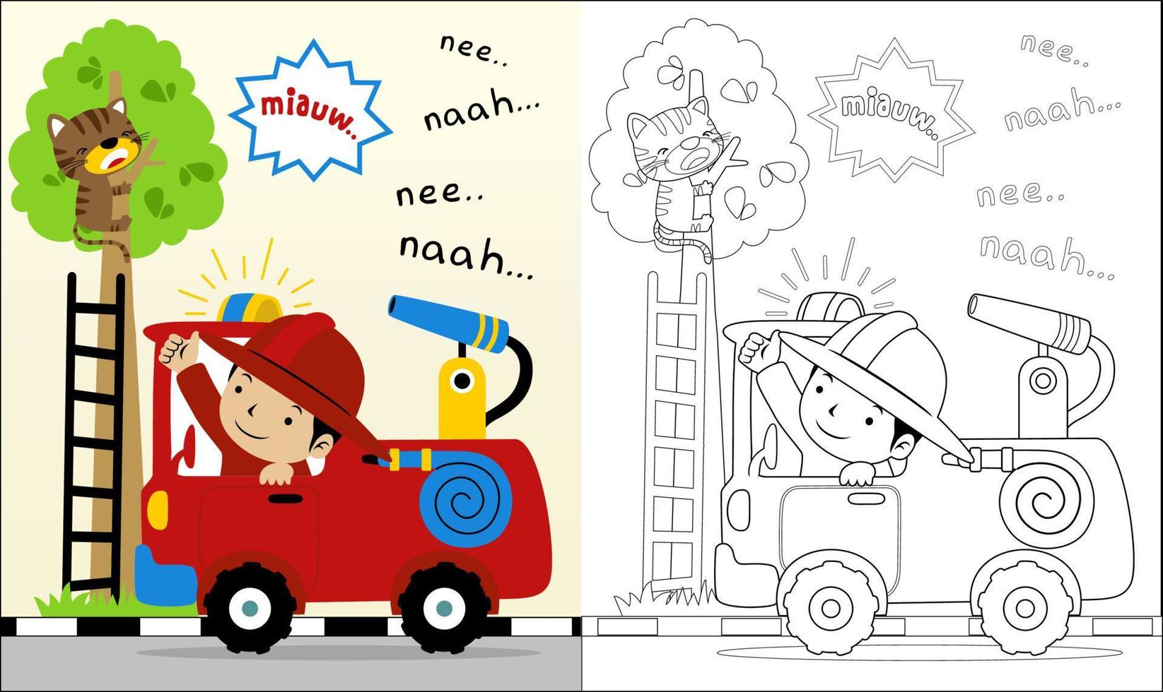 Vector illustration of fireman cartoon help a cat on tree, coloring book or page