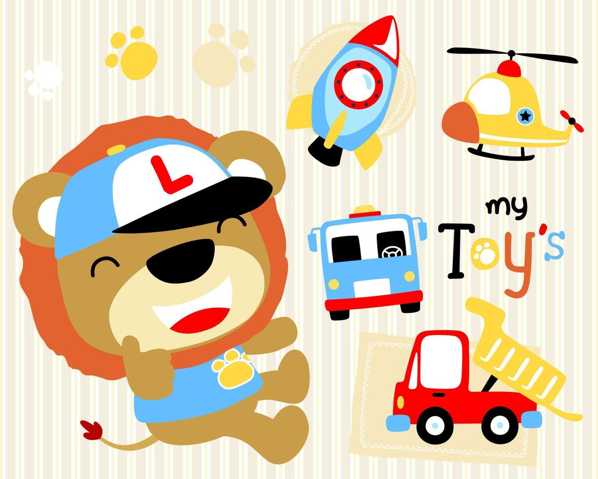 Cute lion cartoon with it toys on striped background vector