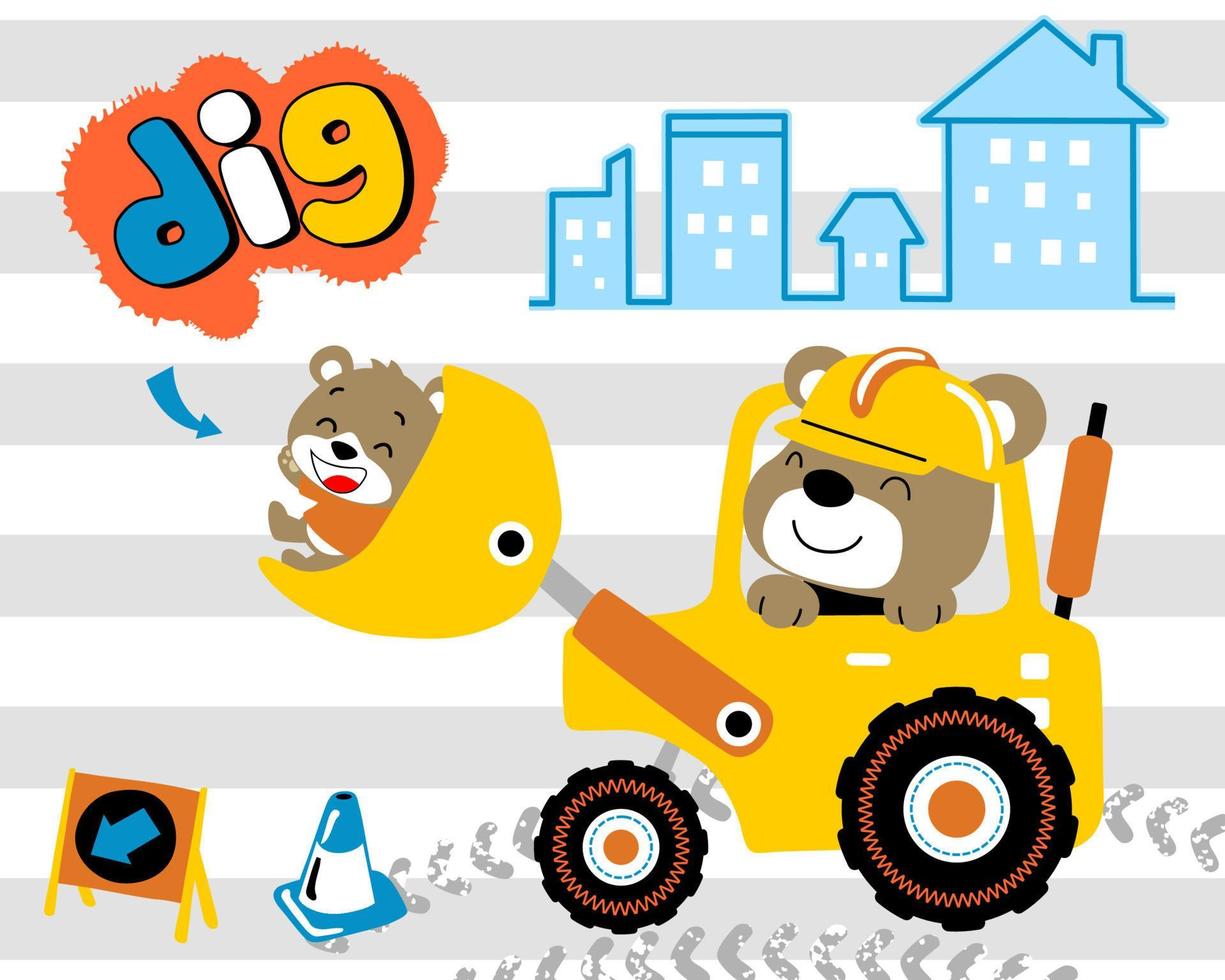 Vector cartoon of funny bear on construction vehicle on striped background