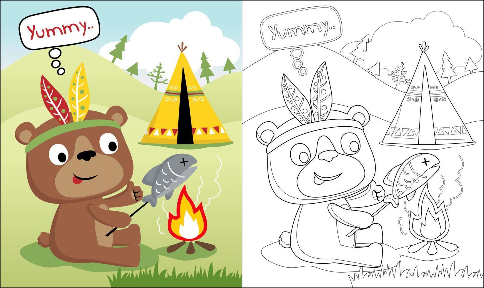 Vector illustration of cute bear roasting fish, Indian tribe element, coloring book or page