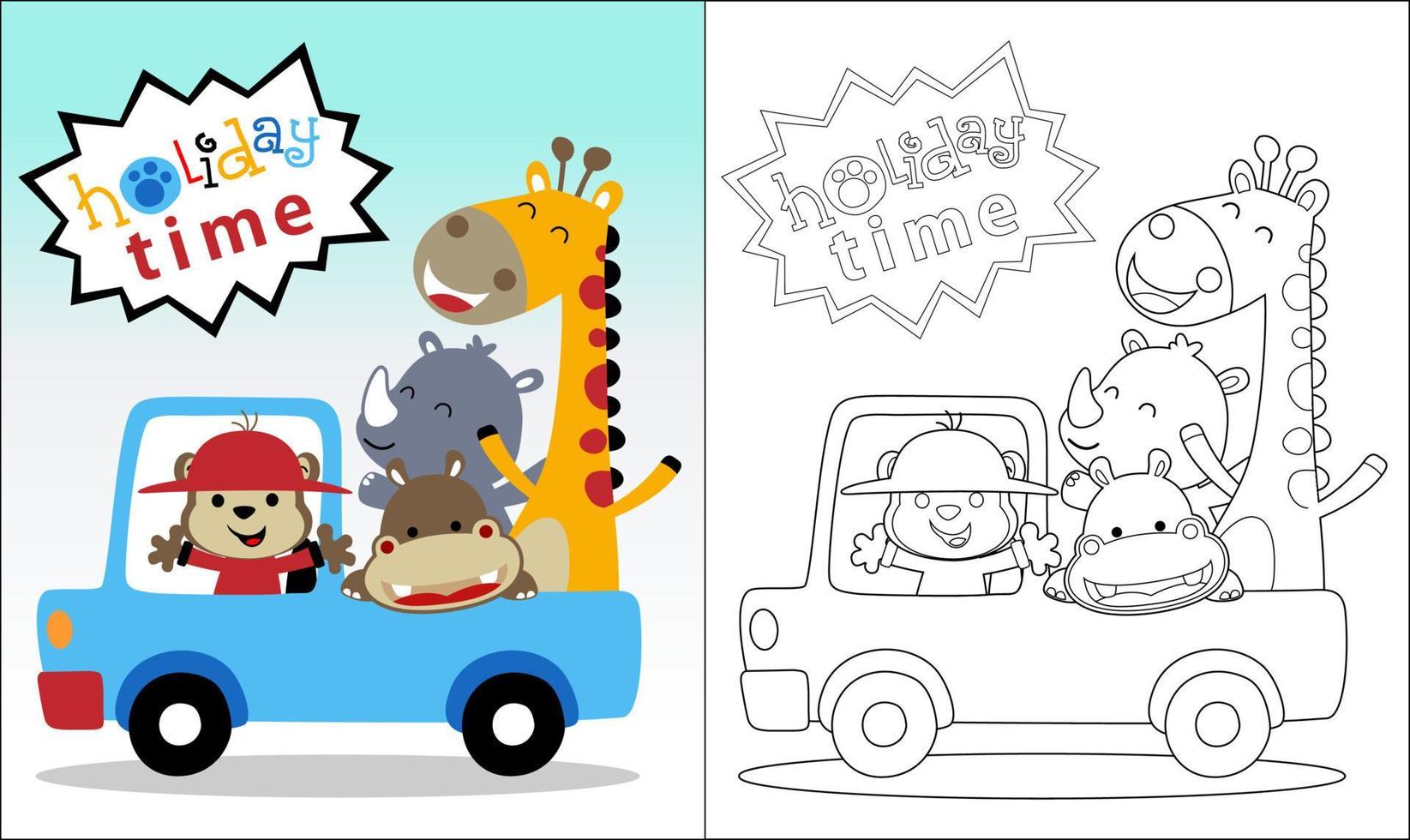 Group of funny animals cartoon on vehicle, coloring book or page vector