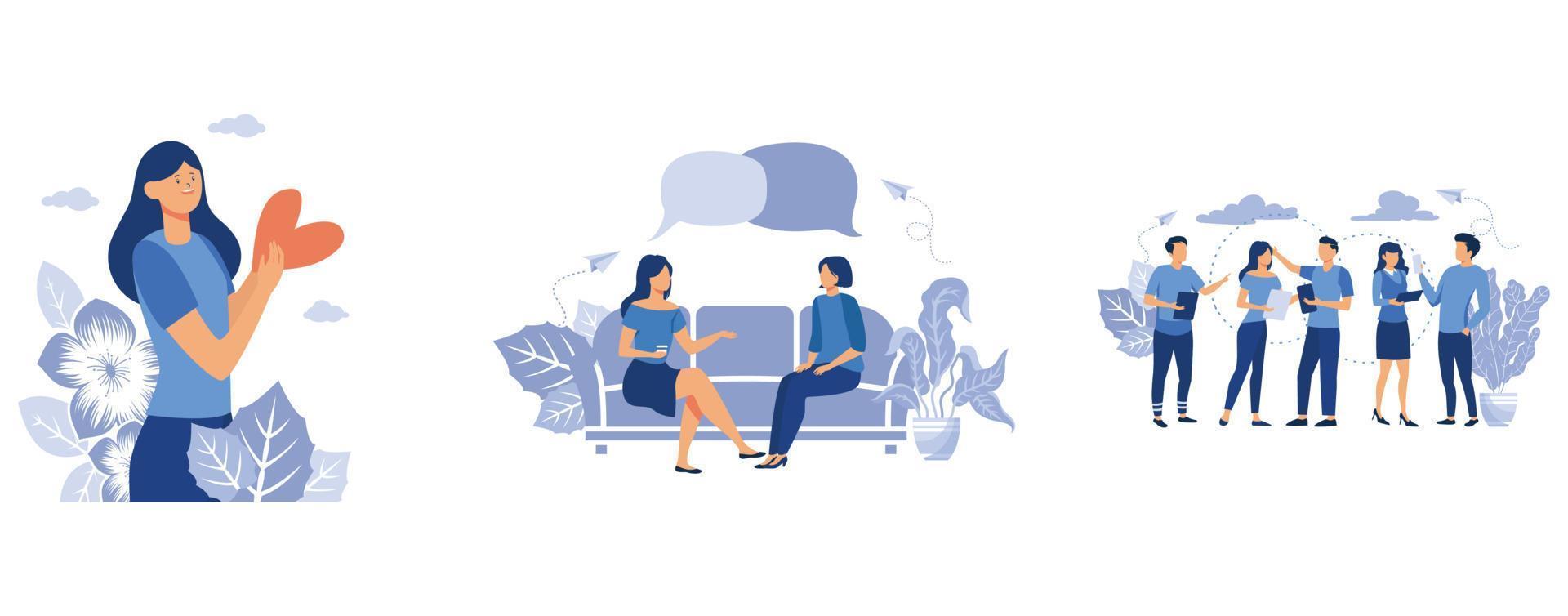 Positive emotions and harmony with yourself,  workers are sitting at the negotiating table, communication via the Internet, social networking, set flat vector modern illustration