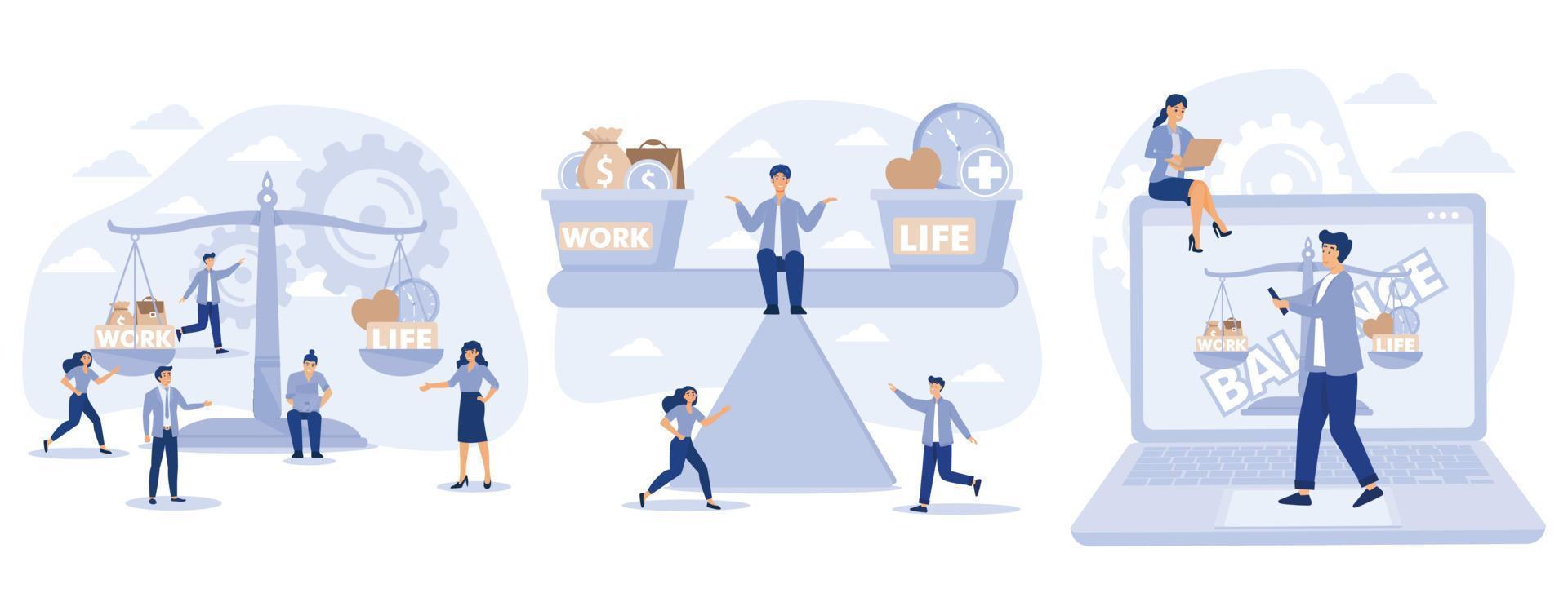 Work and life balance. Tiny people keep harmony choose between career and money versus love and time, leisure or business, set flat vector modern illustration