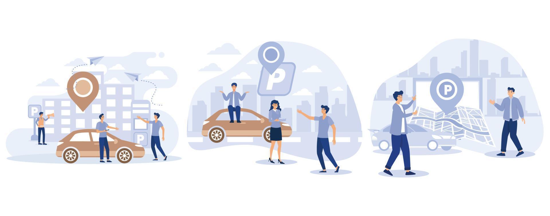 Car in Parking area. Public car-park. Urban transport. Road sign. Tiny people looking for parking space, park automobile. set flat vector modern illustration