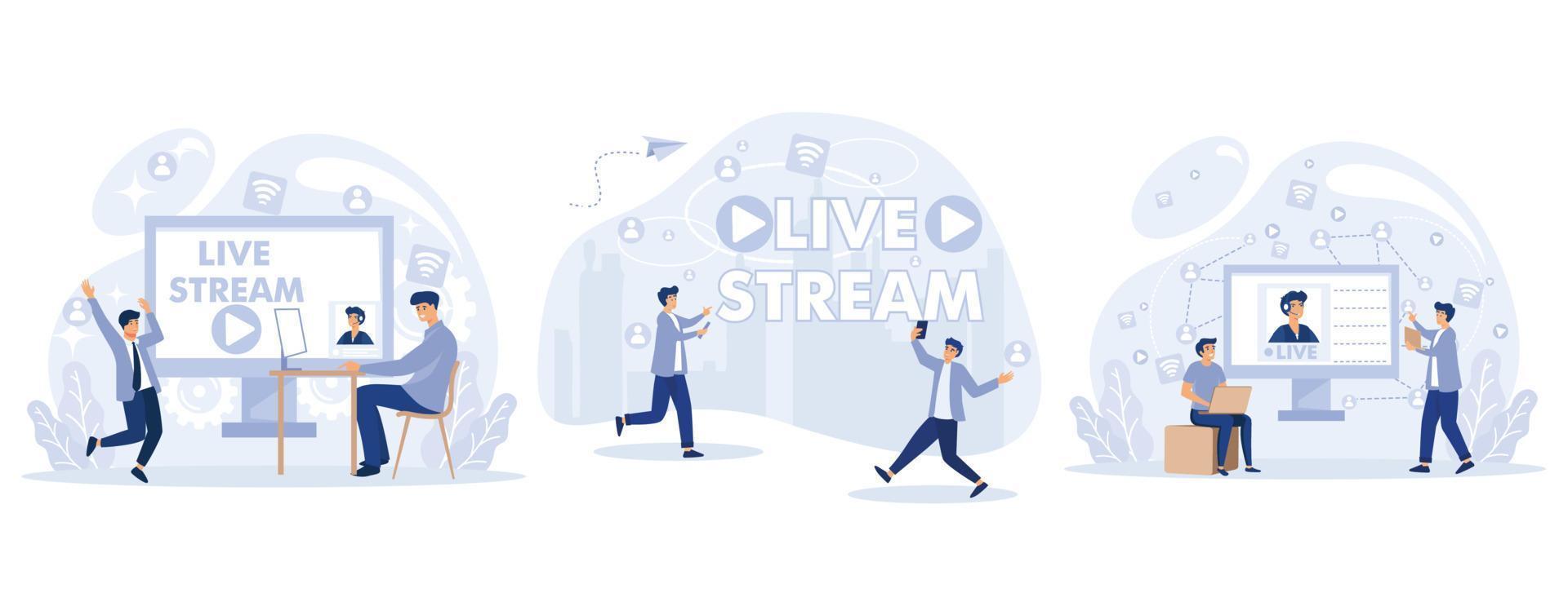 Live streaming. Tiny people watch live stream in social networks. Online video chat, set flat vector modern illustration