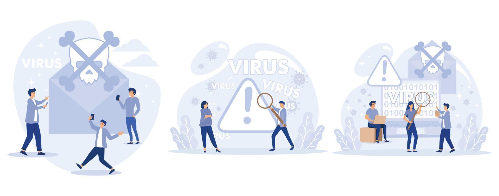 Computer virus concept. Hacker attack and web security. Scam alert. Spam, malicious application. Envelope with skull, set flat vector modern illustration