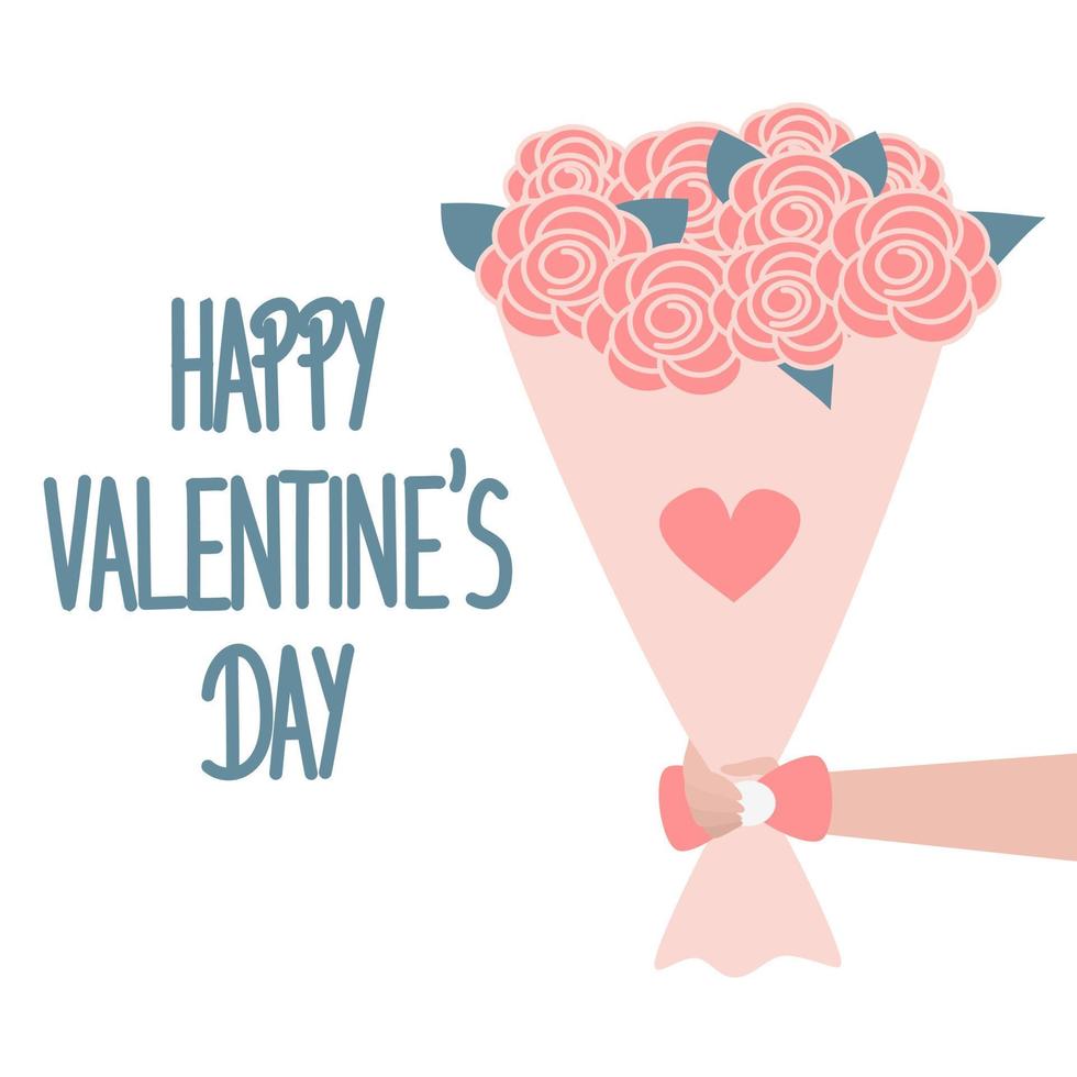 cute hand drawn lettering happy valentine's day vector card with bouquet of flowers