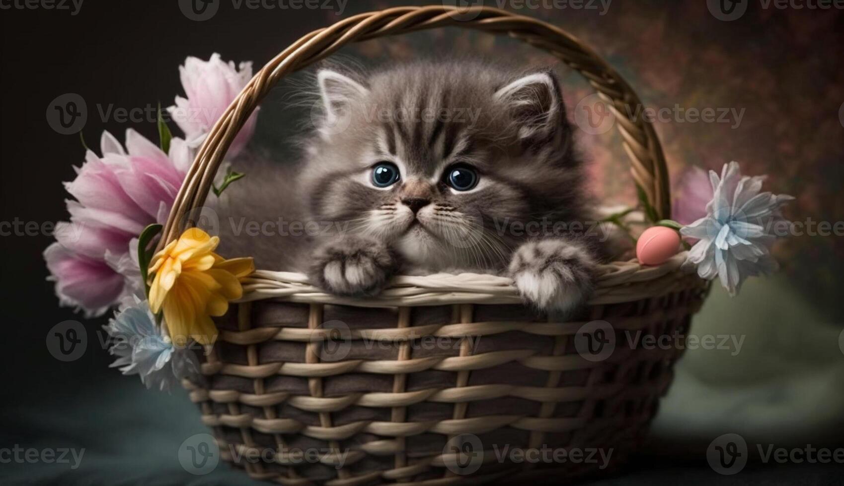 pubertad becerro Foto un dulce gatito en un Pascua de Resurrección cesta, ai generativo 21972518  Foto de stock en Vecteezy