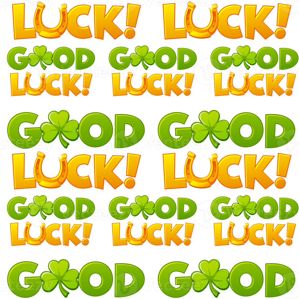 Seamless pattern with good luck text. Yellow background with horseshoe and clover png