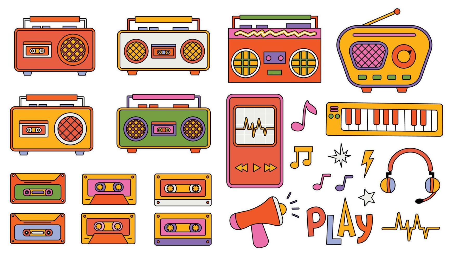 conjunto de de moda hipster retro música elementos. colección pegatinas de maravilloso retrowave clipart. collage con tendencia popular ambiente con miedoso diseño elemento. antecedentes pegatina emblema de dibujos animados vector