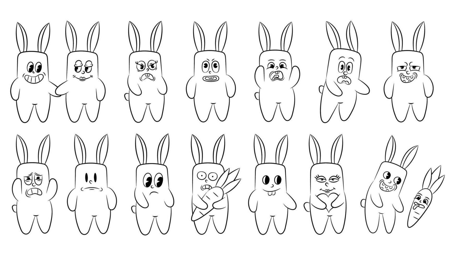 Collection of retro characters hares hippie stickers comic style. set of cartoon rabbits with different cheerful emotions. Funny character mascot sticker. vector illustration
