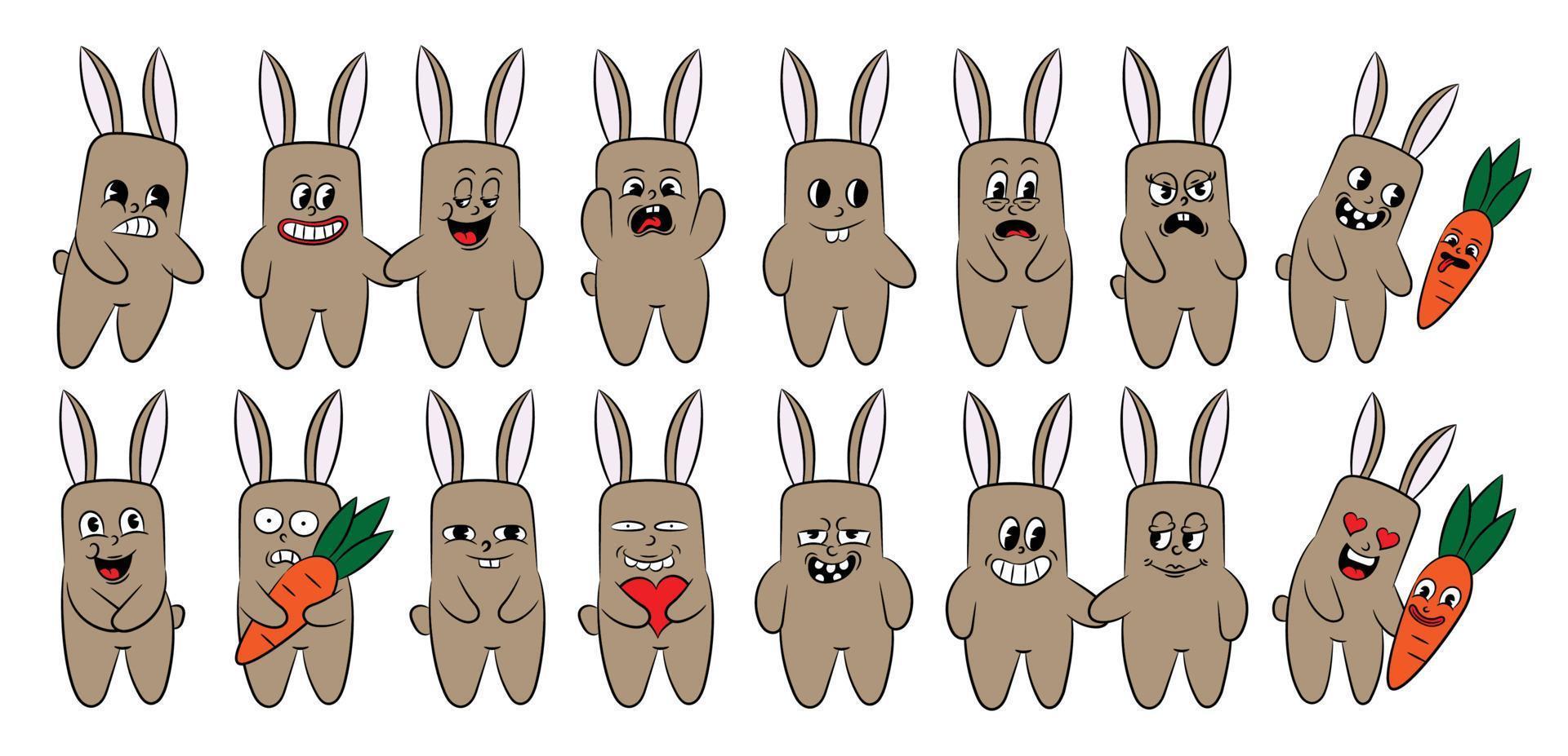 Collection of retro characters hares hippie stickers comic style. set of cartoon rabbits with different cheerful emotions. Funny character mascot sticker. vector illustration