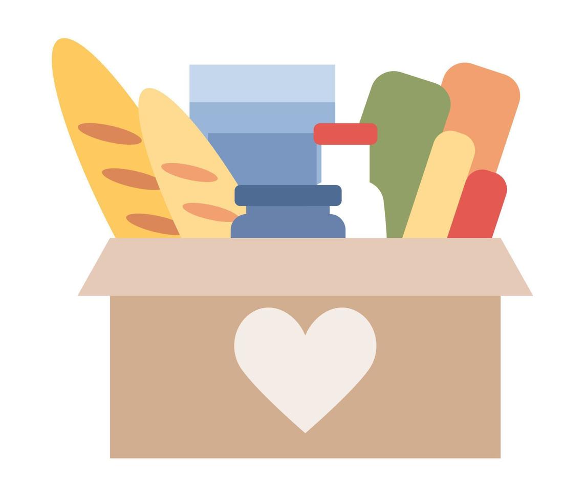 Donation box with clothes and food icon. Charity and financial support. Volunteers concept. Vector flat illustration