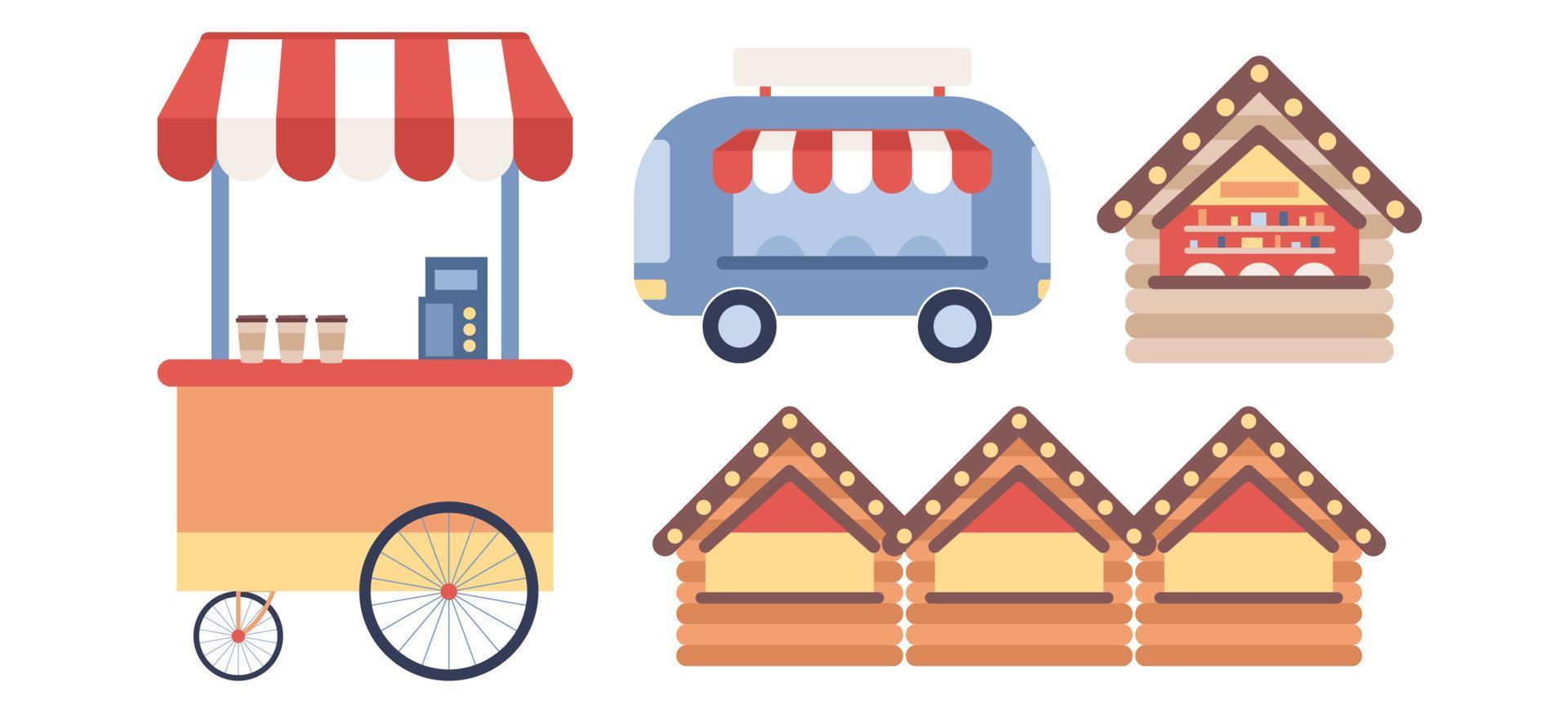 Street fair kiosks set. Fast food truck concept. Festival market stall. Street selling coffee, Ice cream, hot dog, cotton candy, popcorn, lemonade. Vector flat illustration