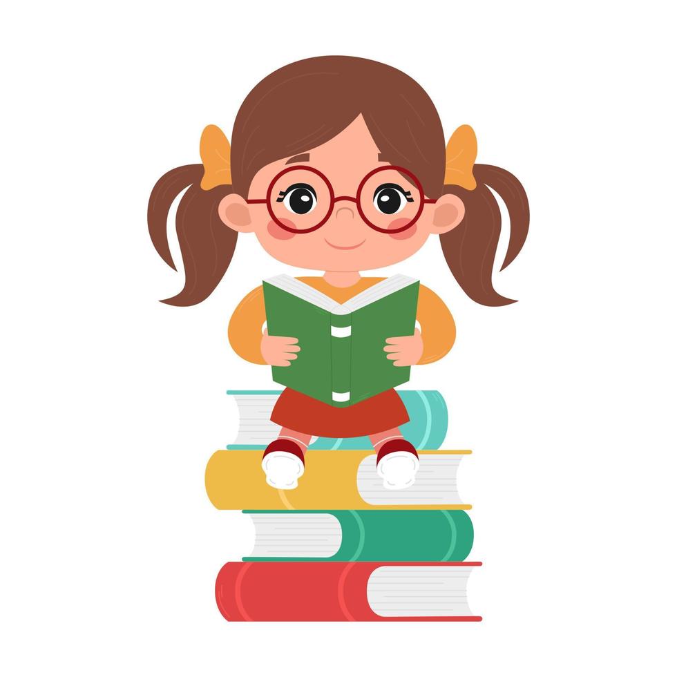 A girl with glasses reads a book sitting on a stack of other books. Vector flat illustration isolated on white background