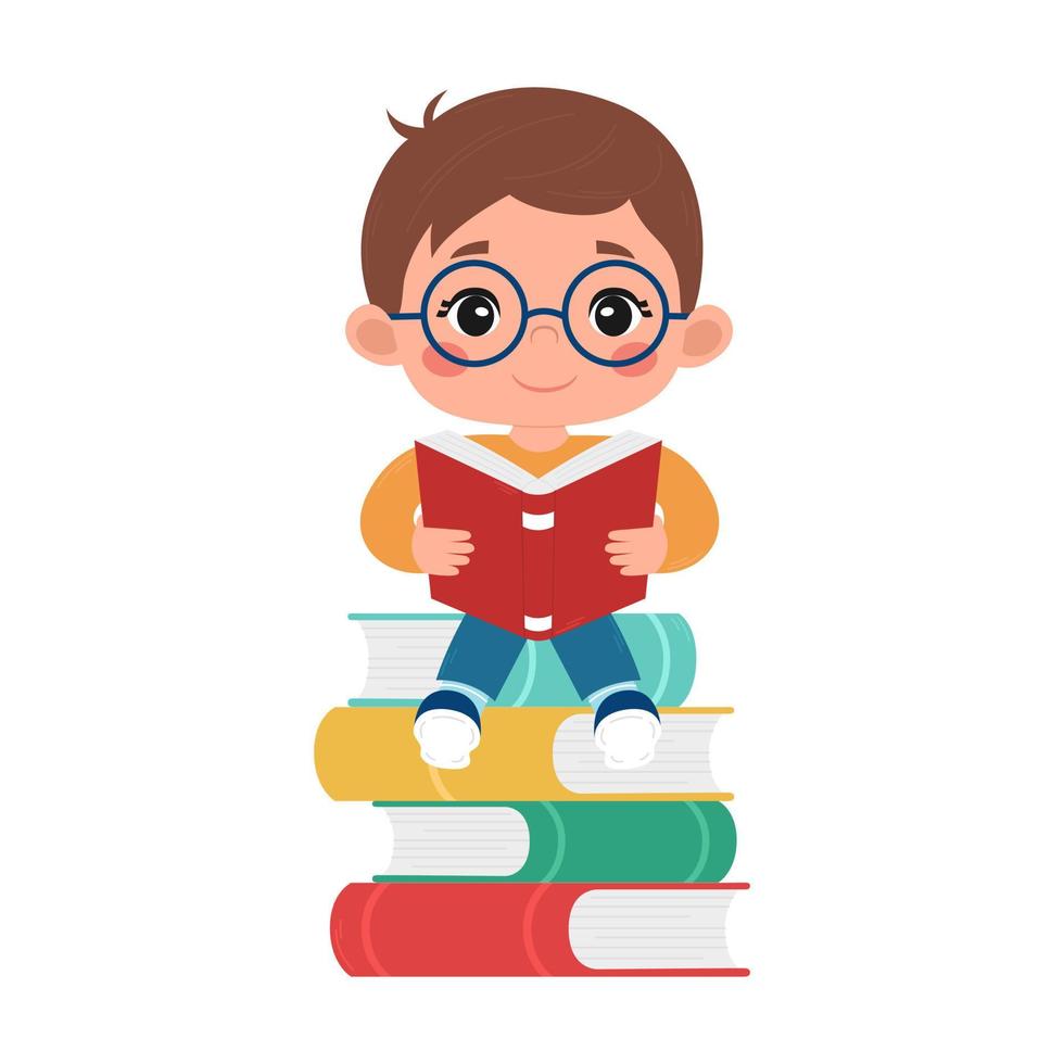 A boy with glasses reads a book sitting on a stack of other books. Vector flat illustration isolated on white background