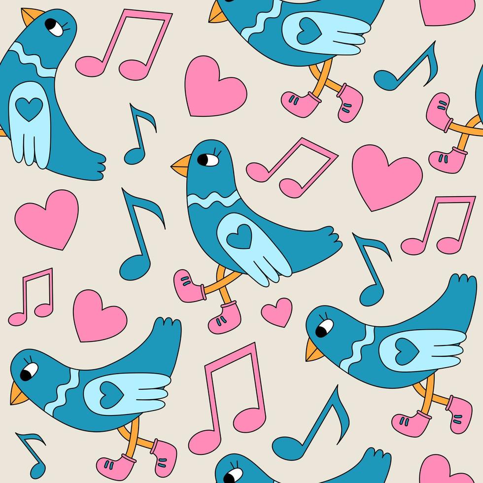 Seamless pattern with a walking dove bird, notes and hearts. Disco, music concept. Retro style cartoon vector illustration