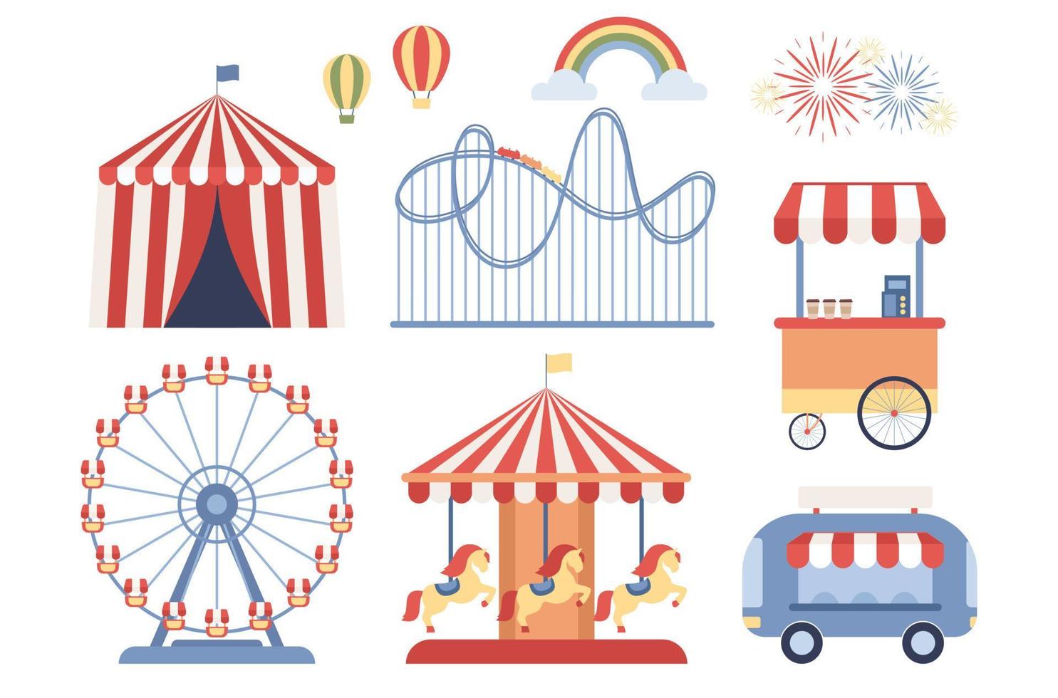 Amusement park icon set. Roller coaster, carousel horses or merry-go-round, circus tent, ferris wheel, funfair carousels, hot air balloons. Vector flat illustration