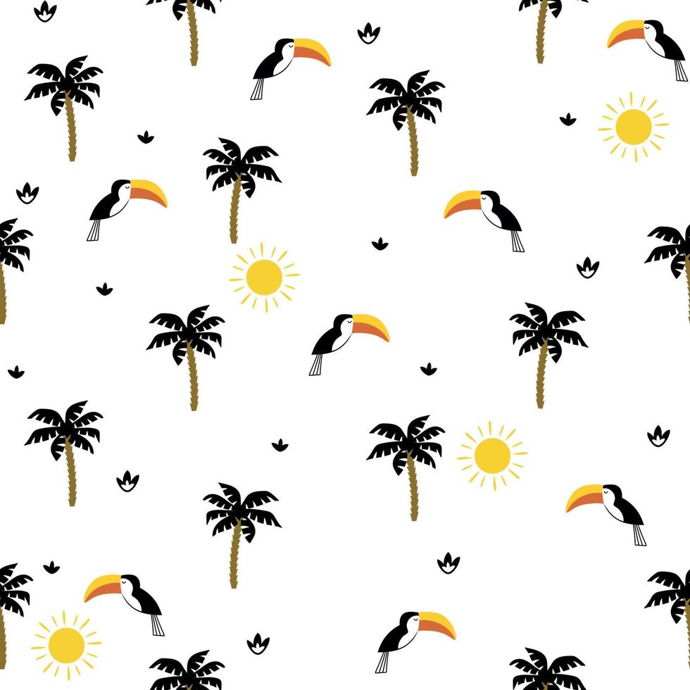 Seamless pattern with funny toucans, palms and sun. Childish background. Vector cute animal background