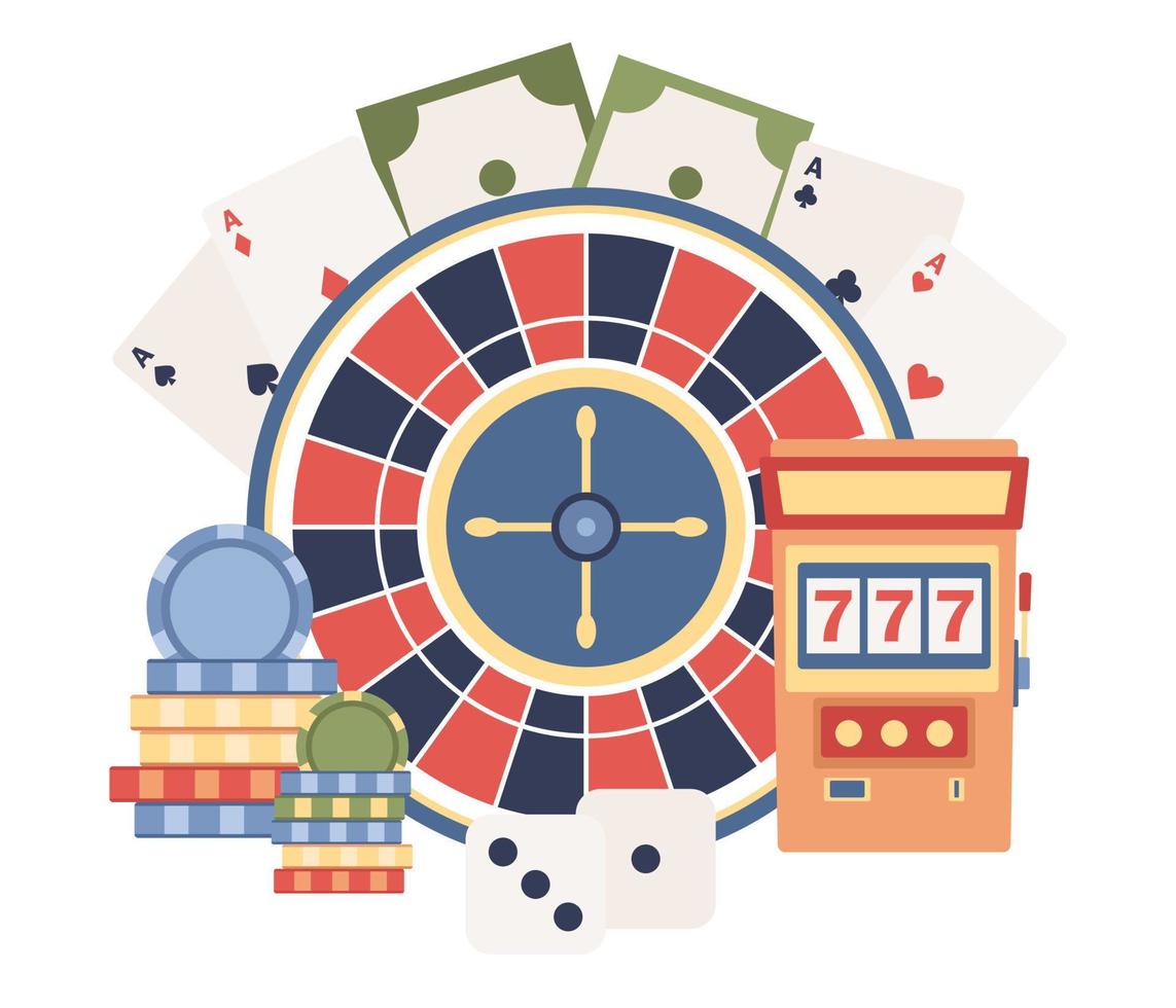 Casino and gambling concept. Slot machine, online poker, Wheel of Fortune, Roulette. Jackpot. Vector flat illustration