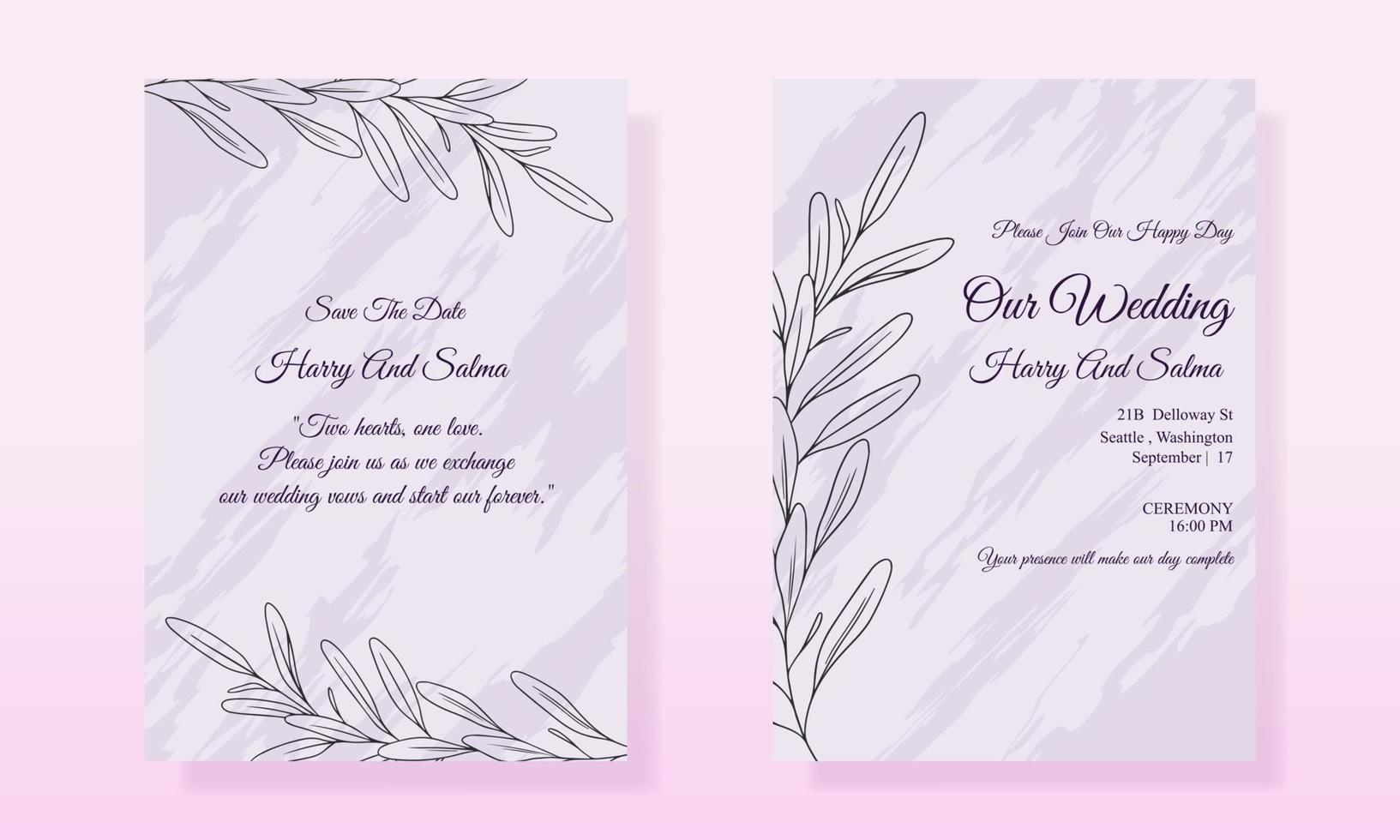 Floral Leaf Line Art Wedding Minimalist Invitation Card Template Design. Wedding Invitation Floral Line Art Beautiful Template. Wedding invitation Card Set, floral black line art. vector
