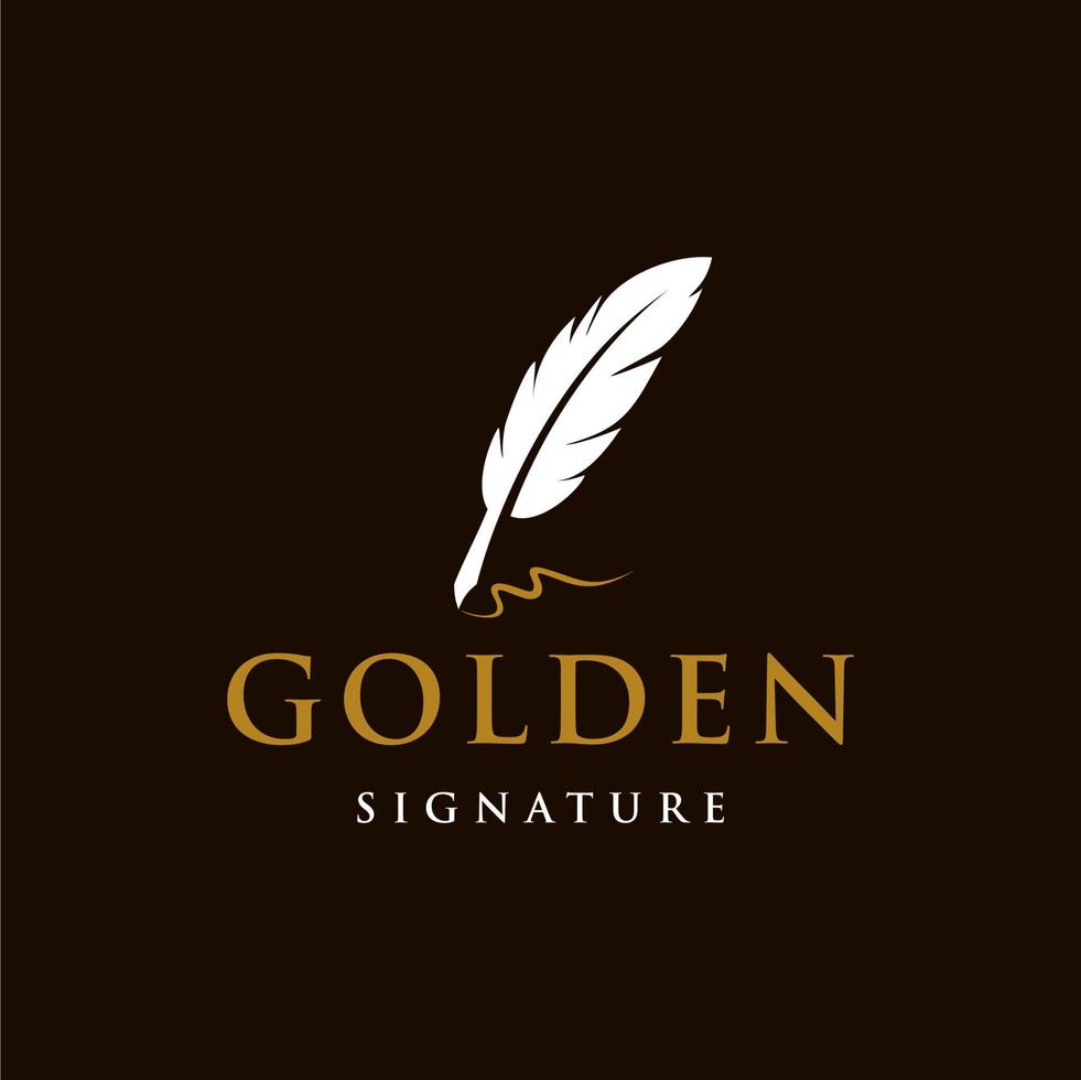 author signature logo, feather quill pen with golden ink logo , vintage Fountain pen logo with gold ink icon, luxury elegant classic stationery illustration isolated on white background vector