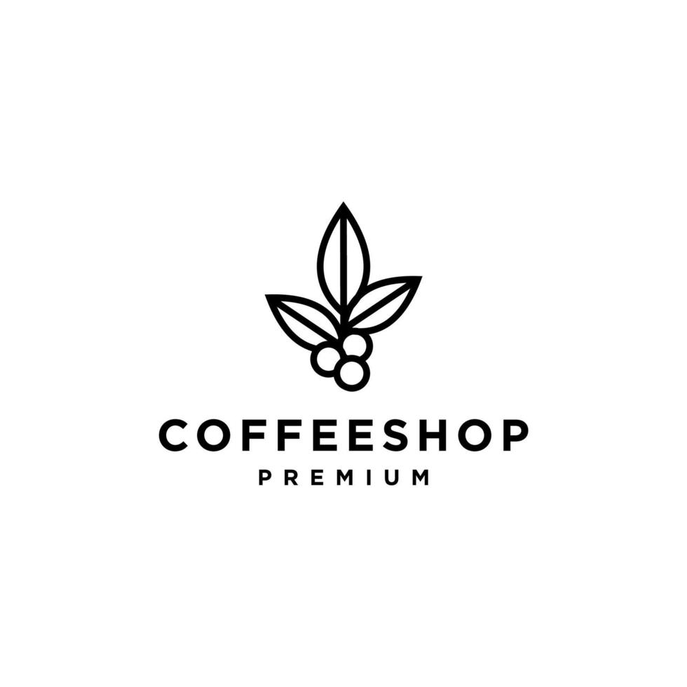 coffee bean plant branch hipster minimal logo vector with leaf simple line outline icon for natural cafe concept.