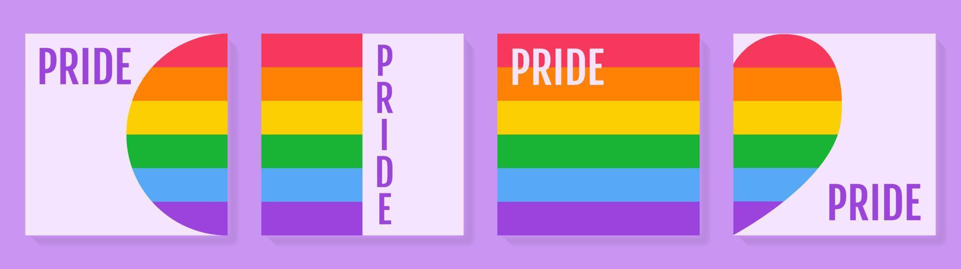 Set of pride month banners templates with rainbow and word Pride. Vector square social media post template.