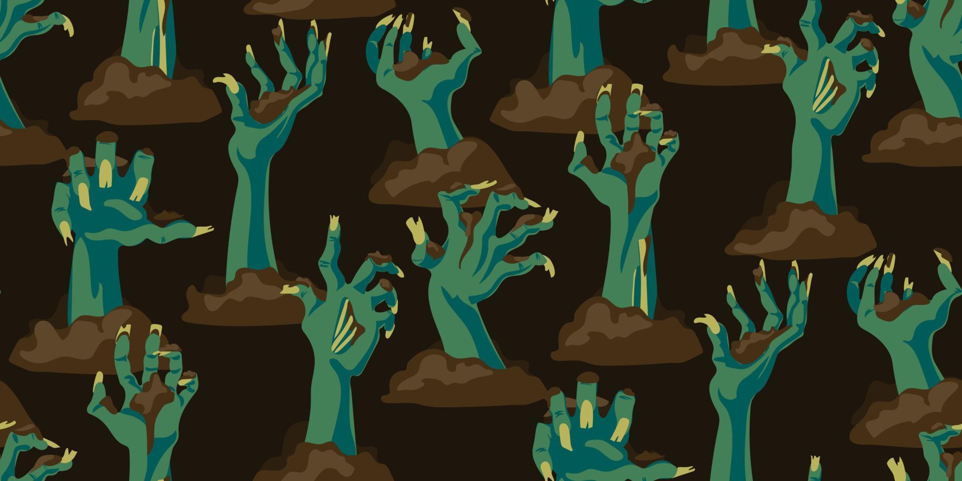 A pattern from the hands of a dead man bursting out of the ground. It is well suited for Halloween-style decoration of paper and textile products. Scary hands on a brown background vector