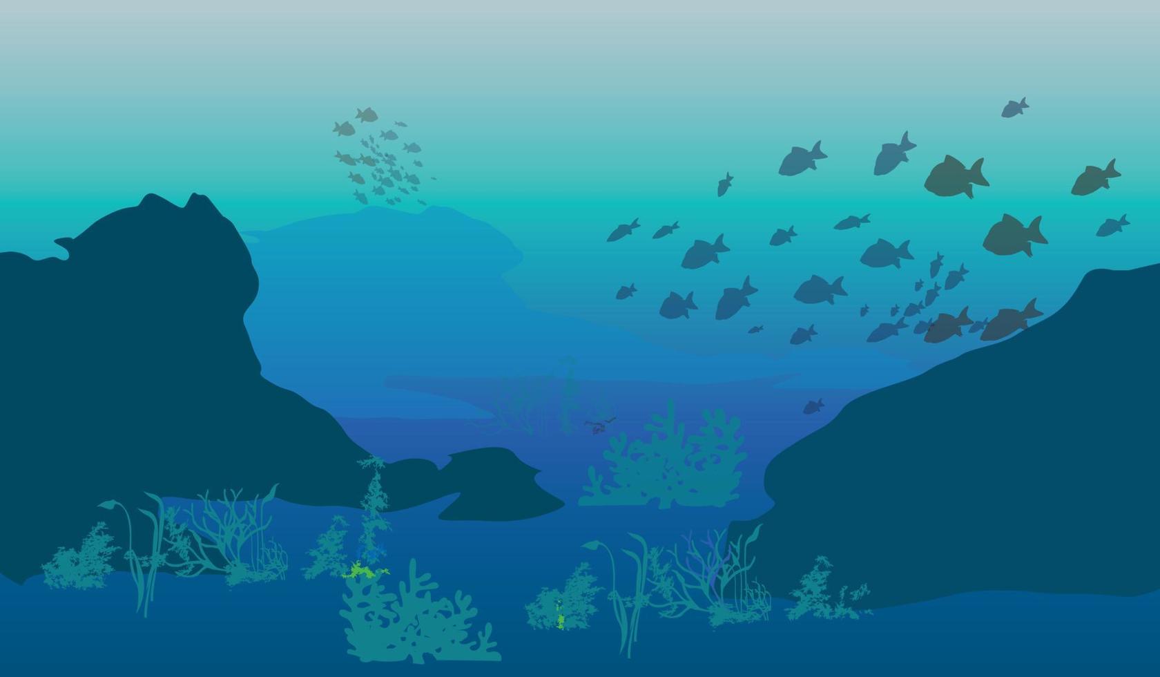 Silhouette of coral reef with fishes and wreck on bottom in blue sea. Vector nature illustration. Marine underwater life.