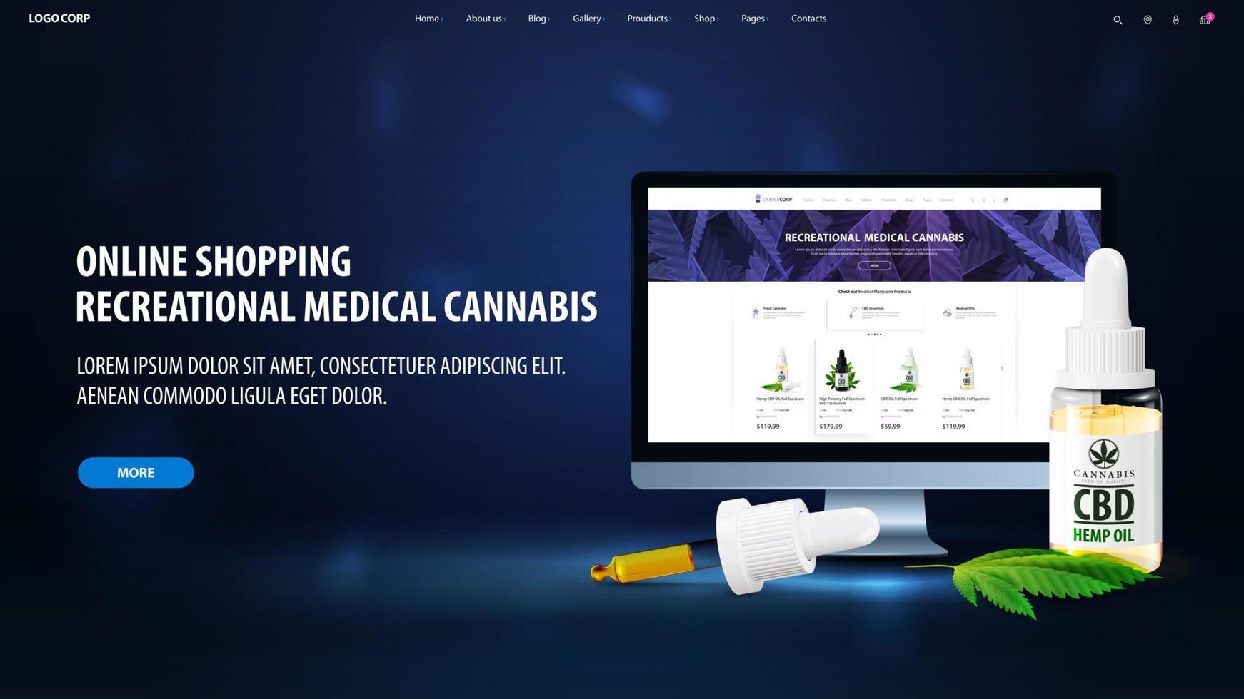 recreativo médico canabis, azul bandera para sitio web con monitor, cbd petróleo botella y interfaz elementos vector