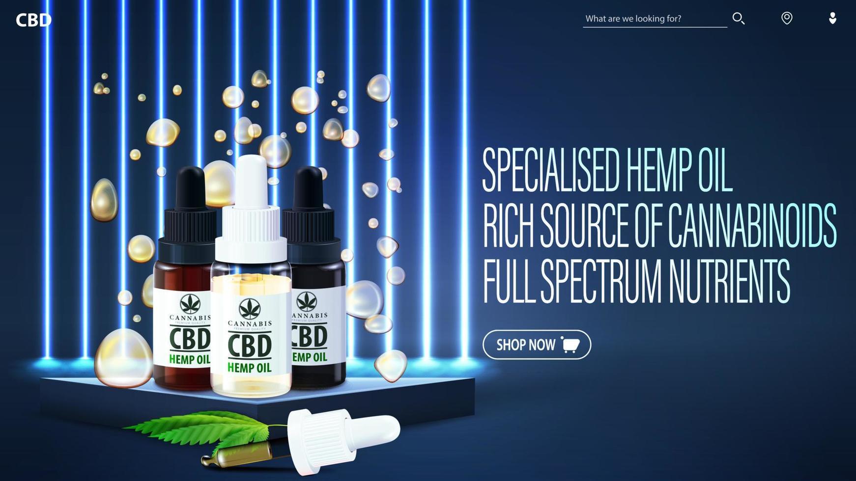 Banner for website with podium with CBD oil bottles with pipette in scene with blue neon line wall on background vector