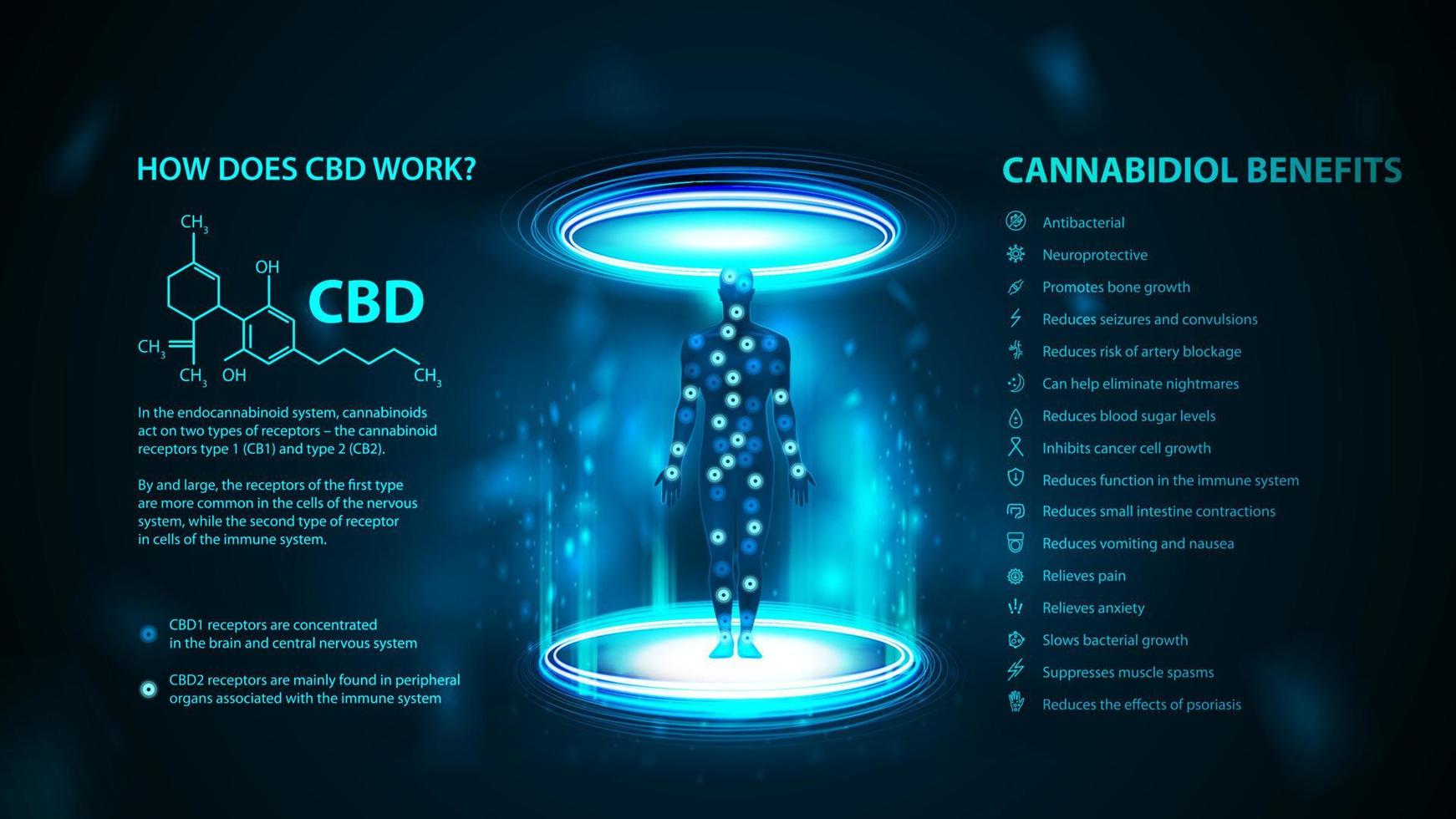 cómo lo hace cbd obras, oscuro y azul póster en digital estilo con infografía, cannabidiol químico fórmula y cannabidiol beneficios lista vector