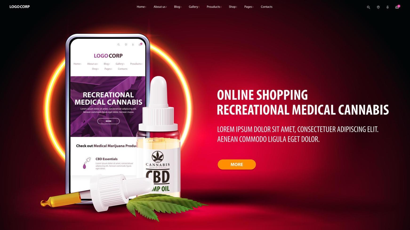 Online shopping of recreational medical cannabis, red banner for website with button, CBD oil bottle with pipette and yellow neon ring on background vector