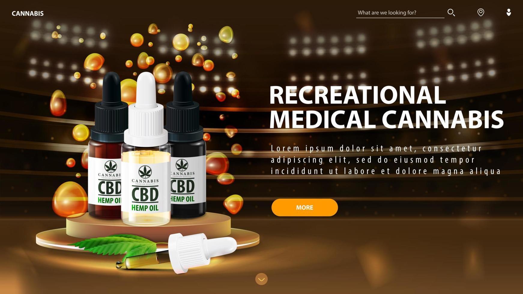 Banner with podium with glass bottles of Medical cbd oil with hemp leaf and CBD oil drops in gold stadium arena with spotlights vector