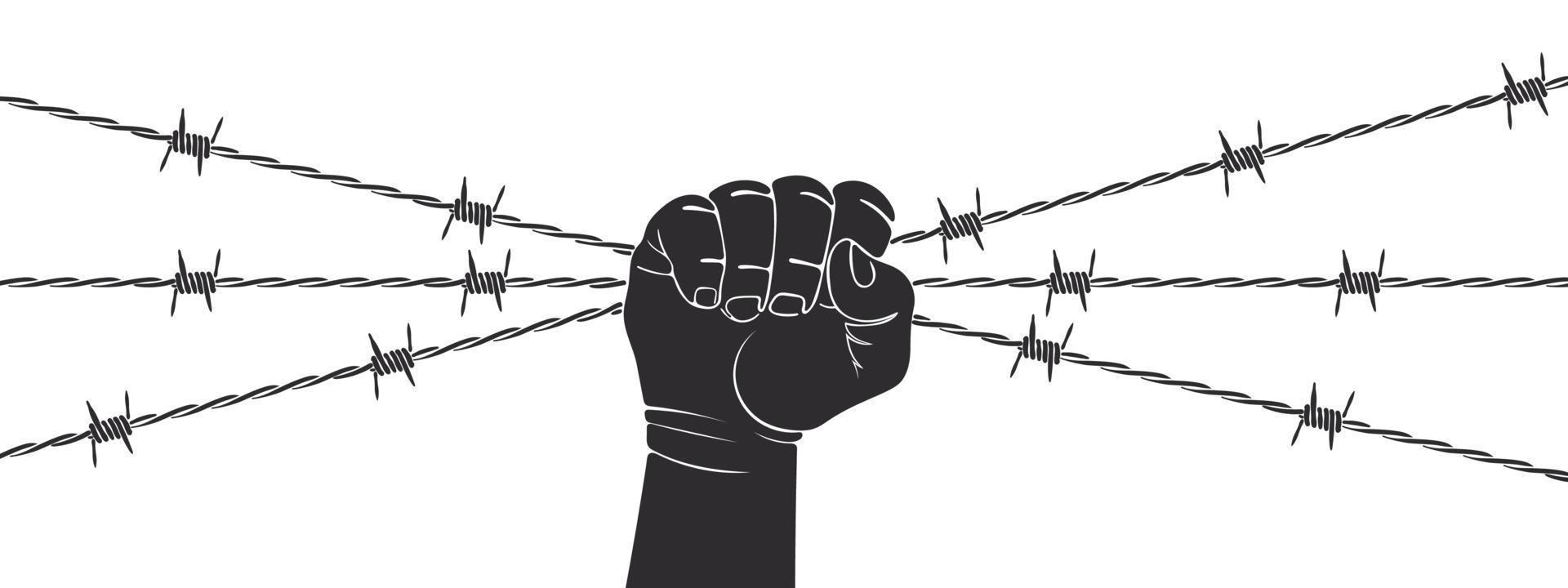 Razor wire and hand. Human hand squeezing barbed wire. Vector scalable graphics