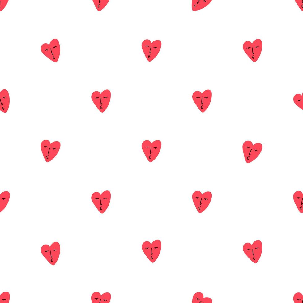 Cute little heart with face, Valentine's day seamless pattern - flat vector illustration on white background. Quirky and funny doodle heart. Hand drawn holiday pattern.