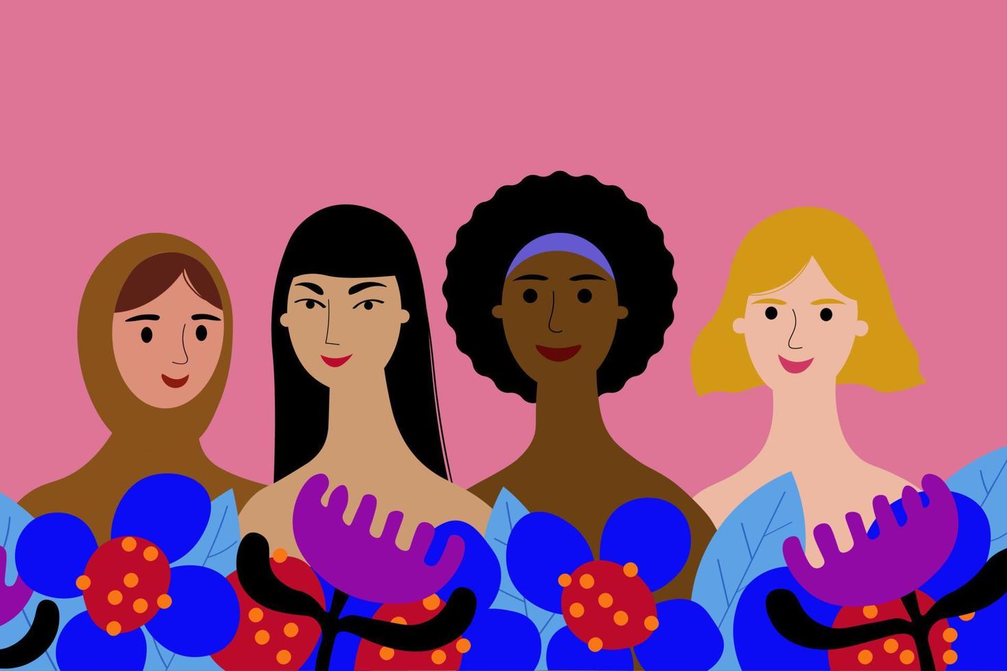 Multiethnic group of women. Illustration with many female faces of different nationalities and colors. Women's solidarity, ethnic tolerance, women's society. Flat vector illustration